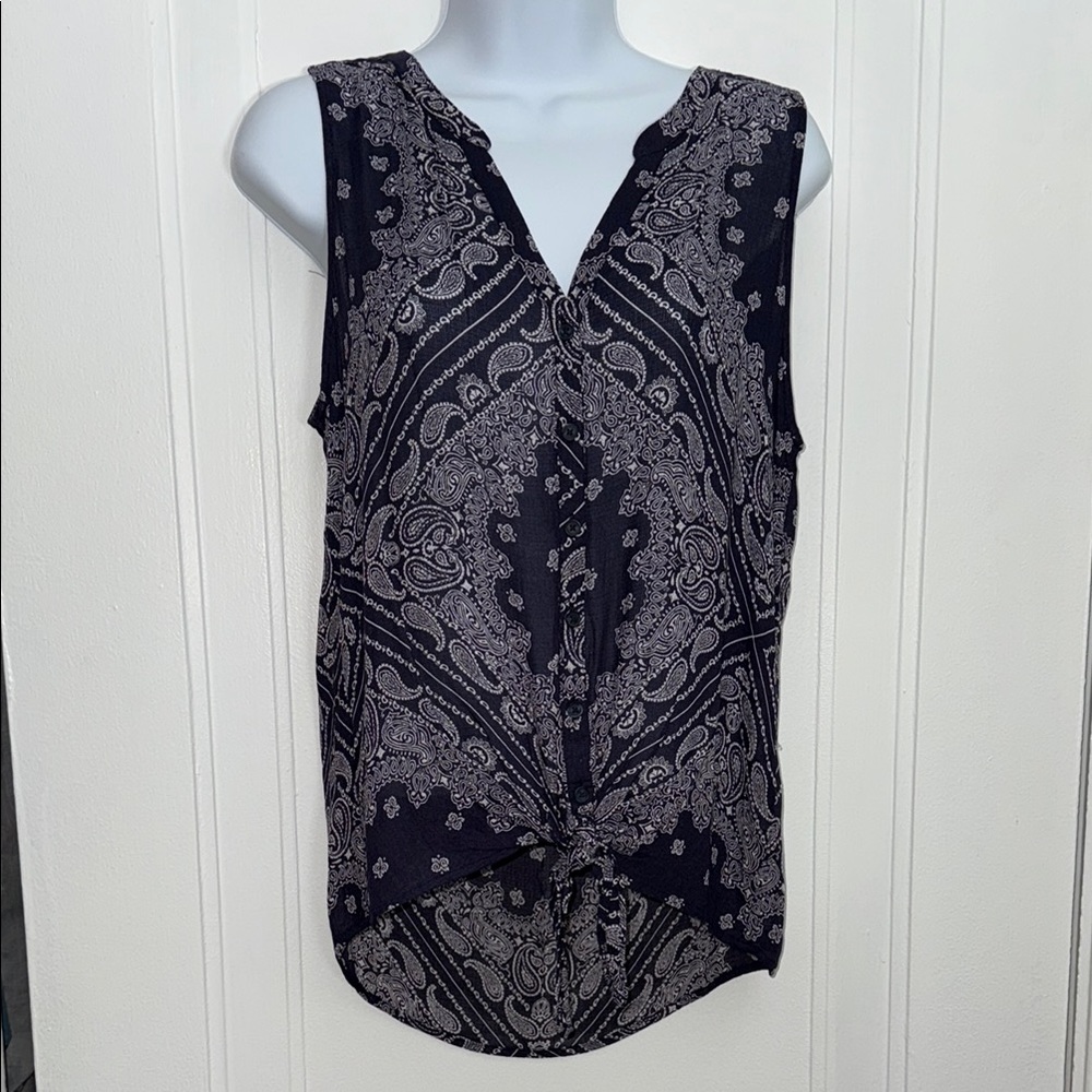 Lucky brand navy blue paisley tie front sleeveless top size S